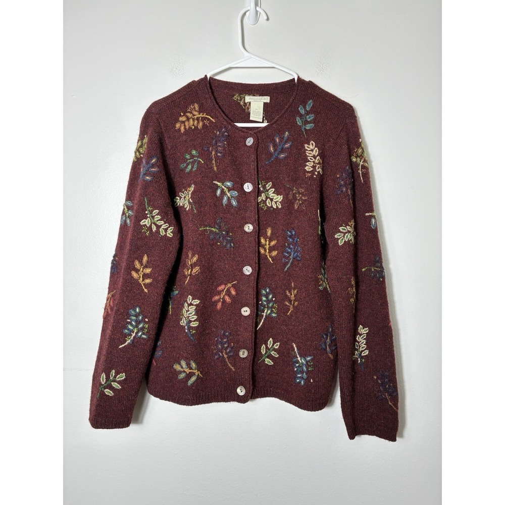Vintage Deane & White Fully Embroidered Leaf Cardigan 100% Wool Sz LP Brown